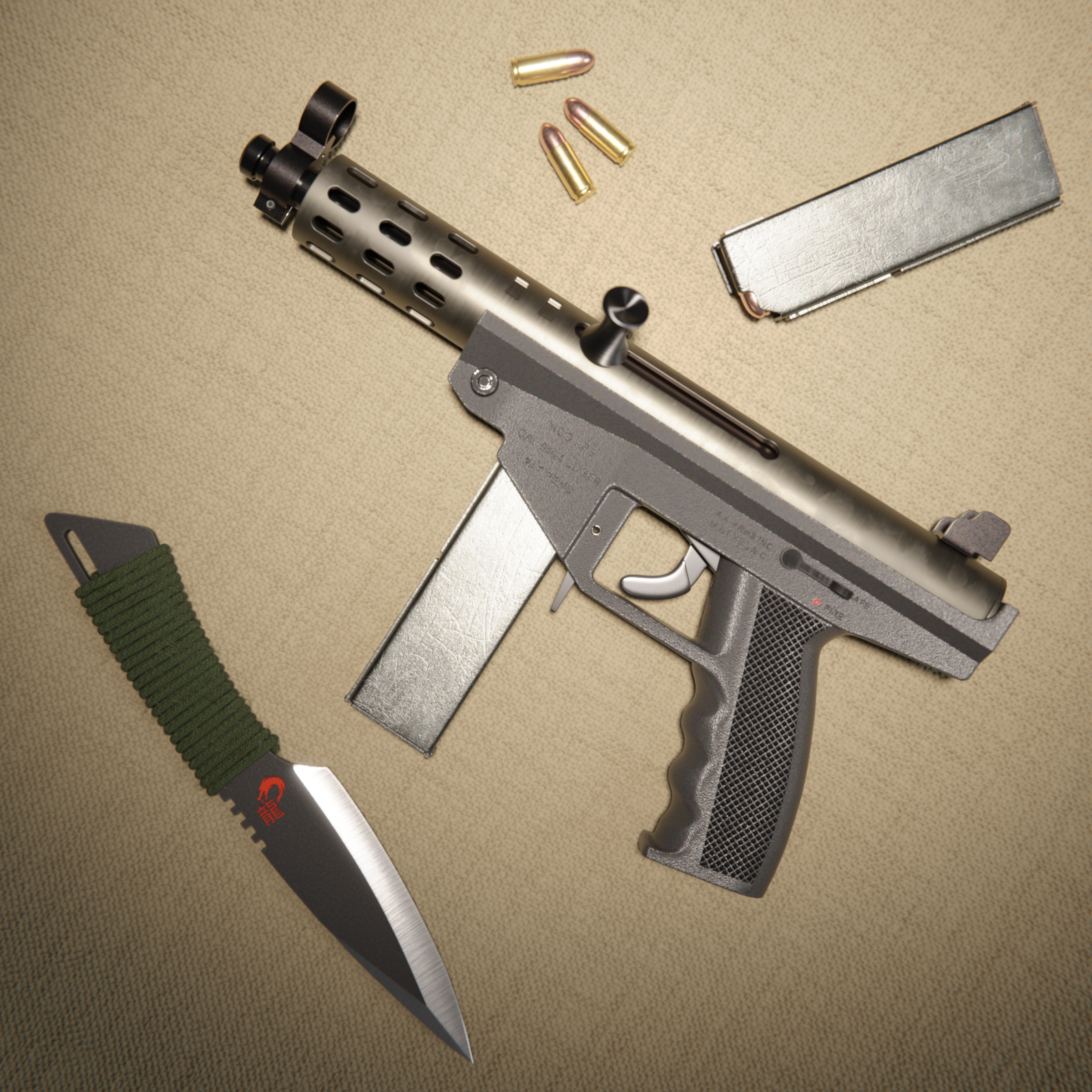 3D render of a model of a Kimel AP9 with 9 mm ammo and magazine and throwing knife with rope handle